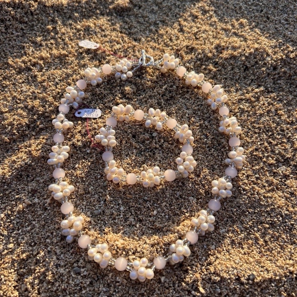 Pearl Rose Quartz Clear‎ Bead Pink Necklace Bracelet Set